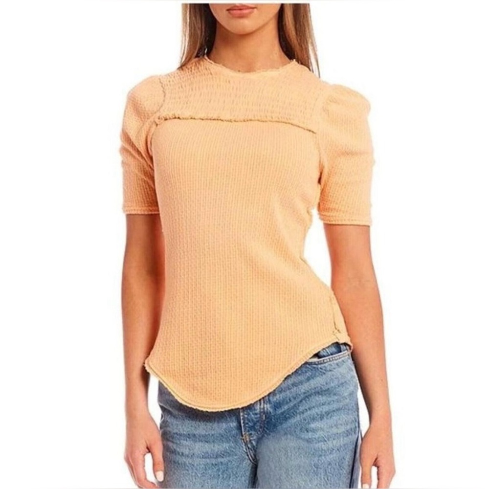 We The Free Peach Smocked Ruffled Blouse